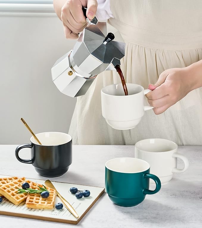 YHOSSEUN Porcelain Coffee Mug Set of 4, Stackable Coffee Mugs with Metal Stand & Spoons, 11 Oz Espresso Coffee Cups Mug Set for Americano, Chocolate Drinks, Milk, Tea, White