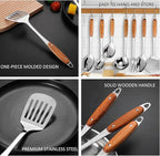304 Stainless Steel Cooking Utensils Set,9PCS Metal Kitchen Utensils Set with Wooden Handle,Solid Spoon,Spatula,Ladle,Skimmer Spoon,Spaghetti Spoon,Dishwasher Safe