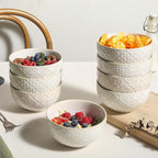 26 Oz Cereal Bowls Set of 4, 6 inch Ceramic Soup Bowl for Kitchen, Porcelain Embossed Serving Bowls for Salad, Pho, Breakfast, Ramen, Rice, Dishwasher Microwave Safe, Housewarming Gift