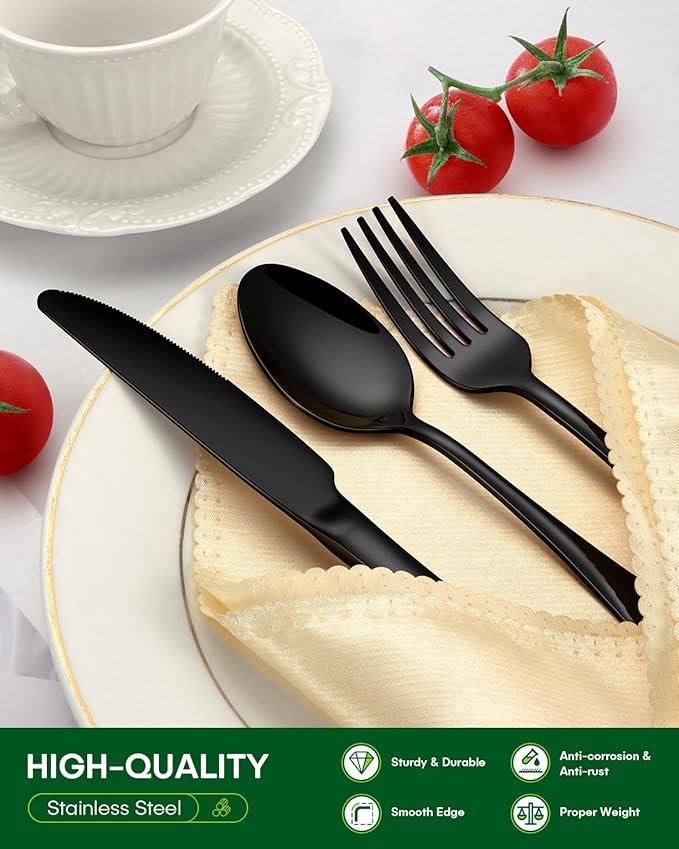 45 Piece Black Silverware Set with Serving Utensils, Stainless Steel Flatware Set for 8 Food Grade Cutlery Utensil Set Include Knife Fork Spoon Mirror Polished Dishwasher Safe