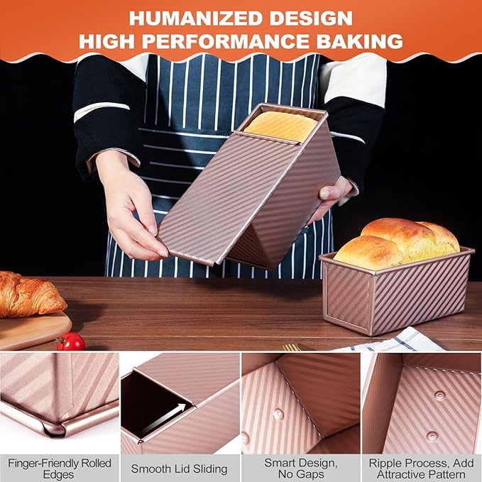 2 Pack Pullman Loaf Pan with Lid, 1 lb/0.5 lb Dough Capacity, Premium Non-Stick Sandwich Bread Loaf Pan with Lid, Carbon Steel Corrugated Bread Toast Box Mold with Cover for Baking
