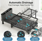 GSlife 2 Tier Dish Drying Rack with Drainboard, Expandable Large Dish Drainer for Kitchen Counter, Rust Resistant Dish Drainer with Cup Holder & Utensil Holder, 12.6" W x 18.7"-25.2" L, Black
