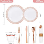 WELLIFE 350 PCS Rose Gold Disposable Dinnerware Set for 50 Guests, Disposable Rose Gold Lace Plates, Include:50 Dinner Plate, 50 Dessert Plates, 50 Pre Rolled Napkins with Silverware and 50 Cups