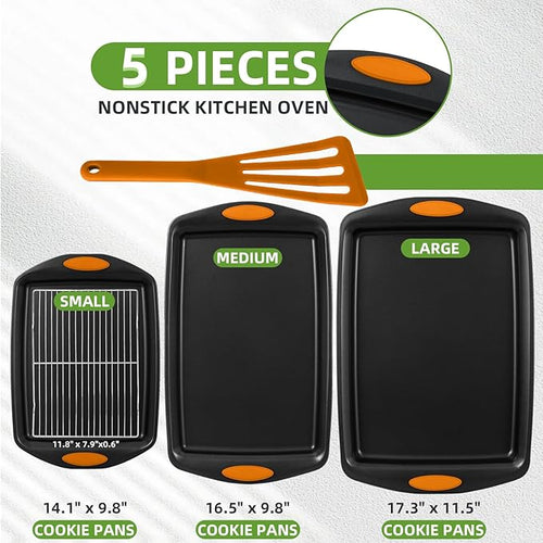 5-Piece Nonstick Baking Pans Set - Premium Carbon Steel Bakeware with PFOA/PFOS/PTFE-Free Coating, Red Silicone Handles (Black Orange)