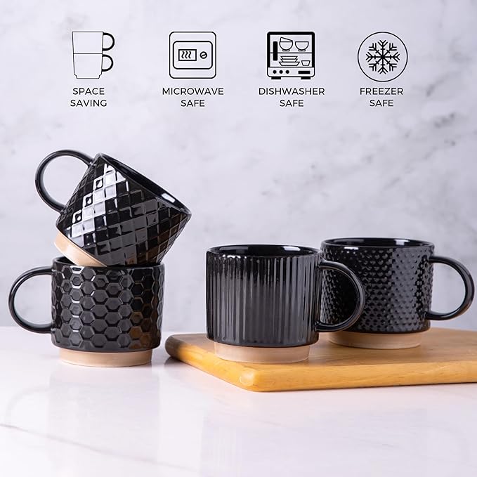 GBhome 6OZ Stackable Coffee Mugs, Ceramic Coffee Mugs with Texture Patterns for Man,Woman,Dad,Mom, Modern Coffee Cups Set of 4 for Espresso/Cappuccino/Cocoa. Dishwasher&Microwave Safe, Black