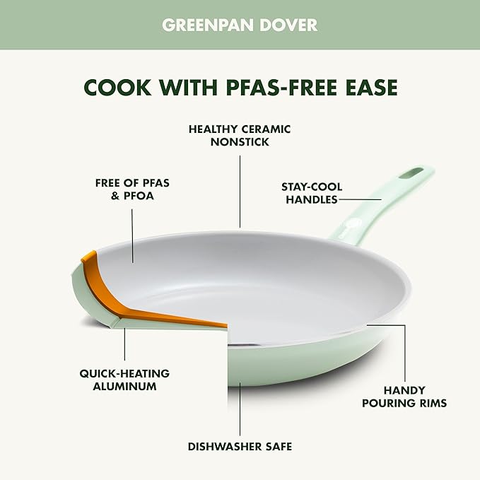 GreenPan Dover Healthy Ceramic Nonstick, 12 Piece Cookware Pots and Pans Set, PFAS-Free, Dishwasher Safe, Comfort Grip Handle, Pastel Green