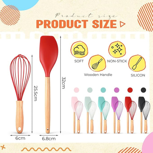 24 Pcs Small Silicone Whisks and Spatulas with Wooden Handle for Cooking 10 Inch Mini Whisk Spatula Non Stick Kitchen Baking Essentials Cookware for Valentines Day Party Favor Gift Supplies