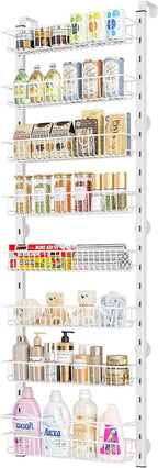 MIAOLI Over the Door Pantry Organizer, 8-Tier Adjustable Spice Rack Cabinet Door Shelves, Hanging Seasoning Organizer for Kitchen Bathroom, Laundry Room Organization, White