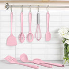 TeamFar 8 PCS Silicone Cooking Utensils - 446°F Heat Resistant Kitchen Silicon Utensils Set, Turner, Spatula, Spoon, Whisk, Kitchen Cooking Gadgets Tools for Nonstick Cookware, Dishwasher Safe-Pink