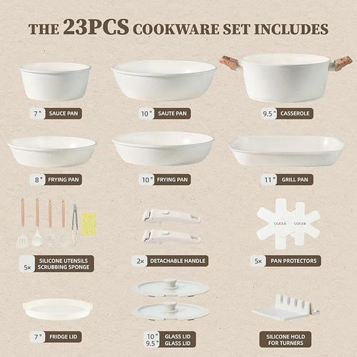 23Pcs Ceramic Cookware Set Non Stick Pots and Pans Set Non Toxic with Detachable Handle Induction Kitchen Cookware Set Space Saving, Oven & Dishwasher Safe, Cream White