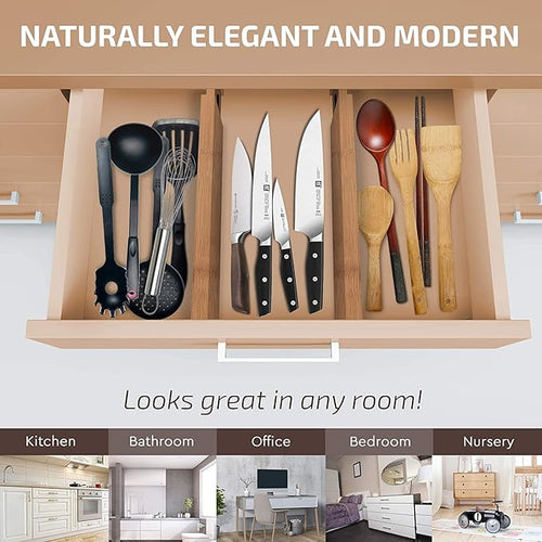 6 Pack Bamboo Drawer Dividers - 17" to 21.5" Expandable Adjustable Drawer Organizer for Kitchen Utensils, Large Kitchen Drawer Divider, Clothes, Dresser, Bedroom, Bathroom & Desk Drawer Separator Set
