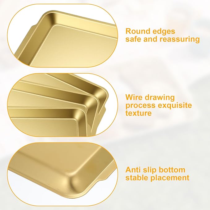 3 Pack 304 Stainless Steel Gold Serving Trays, 12.6" Rectangular Food Serving Platters, Tray Multipurpose for Buffet, Party, Kitchen