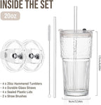 20oz Glass Tumblers with Lids and Straws, Set of 4 - Stylish Ribbed Design Drinking Glasses for Iced Coffee Cups, Juice, Smoothies, Cold Beverages, Includes Cleaning Brush, Durable Glassware