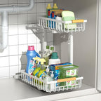Merrylun Under Sink Organizers,5 Adjustable Height，Metal Pull Out Under Sink Organizers and Storage Shelves with Sliding Drawer, White 1pack（Hight 13.6″-16.9″）