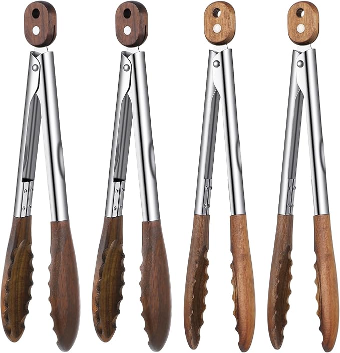 4Pcs Wooden Kitchen Tongs for Cooking Wooden Utensil Set Nonstick Kitchen Salad Tongs with Wood Tips Wood Tong for Serving Food Salads Flipping Burgers Grilling Cooking Tossing Salads