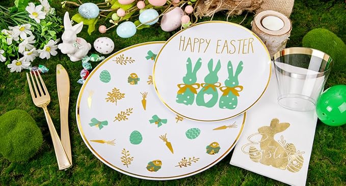 Hioasis 175pcs Easter Plastic Plates, Bunny Plastic Disposable Dinnerware Set Include 25 Dinner Plates, 25 Dessert Plates, 25 Forks, 25 Knives, 25 Spoons, 25 Napkins，25 Cups Perfect for Easter Party