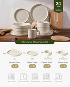 Famiware Star 24-Piece Stoneware Dinnerware Set with Trim, Service for 6 - Shallow Pasta Bowls & Flat Plates, Dishes for Everyday & Formal Use, Chip/Scratch Resistant, Microwave/Dishwasher Safe, White