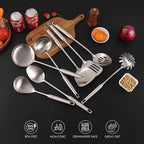 18/10 Stainless Steel Kitchen Utensils Set - 15” All Metal Cooking Tools & Serving Utensils, 8 PCS - Solid Spoon, Slotted Spoon, Spatula, Ladle, Skimmer, Tunner, Spaghetti Spoon, Large Spoon Set