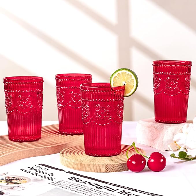 Ciaell 12 Pack Romantic Plastic Water Glasses - 14 Oz Red Vintage Drinking Glasses, Embossed Ribbed Plastic Cups, Textured Striped Set for Juice, Beverages, Beer, Cocktail