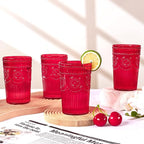 Ciaell 12 Pack Romantic Plastic Water Glasses - 14 Oz Red Vintage Drinking Glasses, Embossed Ribbed Plastic Cups, Textured Striped Set for Juice, Beverages, Beer, Cocktail