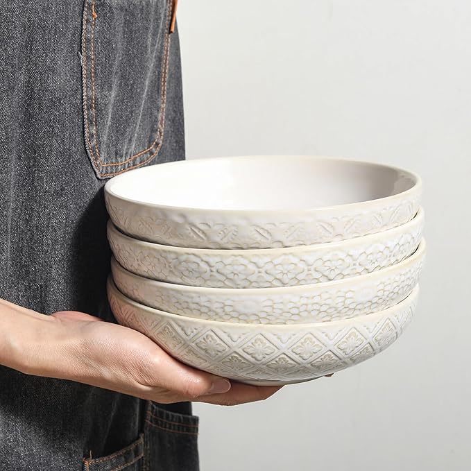 8 inch Pasta Bowls, 22 Oz Ceramic Serving Bowls Set of 4, Embossed Porcelain Salad Bowl, Serving Dishes for Pasta, Salad, Soup, Fruit, Housewarming Gift, Wedding Decor, Oven & Dishwasher Safe