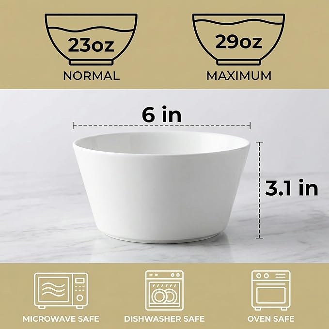Bone China Soup Bowls Set of 4, 29oz Lightweight Cereal Bowls, 6 inch White Modern Conical Shape for Salad Oatmeal Pho Ramen Pasta, Stackable Deep Design, Microwave Dishwasher Safe