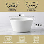 Bone China Soup Bowls Set of 4, 29oz Lightweight Cereal Bowls, 6 inch White Modern Conical Shape for Salad Oatmeal Pho Ramen Pasta, Stackable Deep Design, Microwave Dishwasher Safe