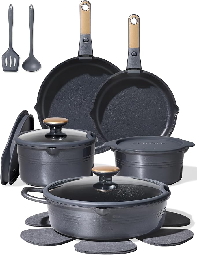 CAROTE 17Pcs Titanium Pots and Pans Set, Cookware Set Nonstick, Kitchen Cooking Set with Detachable Handle, RV/Camping Cookware, Dishwasher/Oven Safe, Grey