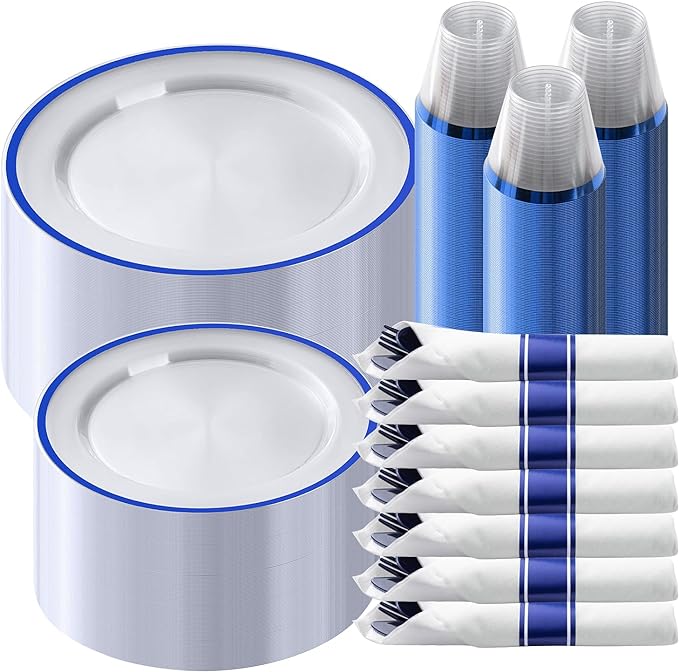 Goodluck 350 Piece Dark Blue Plastic Dinnerware Set for Party, Clear Disposable Plates for 50 Guests, Includes 100Plates, 50 Pre Rolled Napkins with Cutlery Set, 50 Cups, for Graduation, Birthday