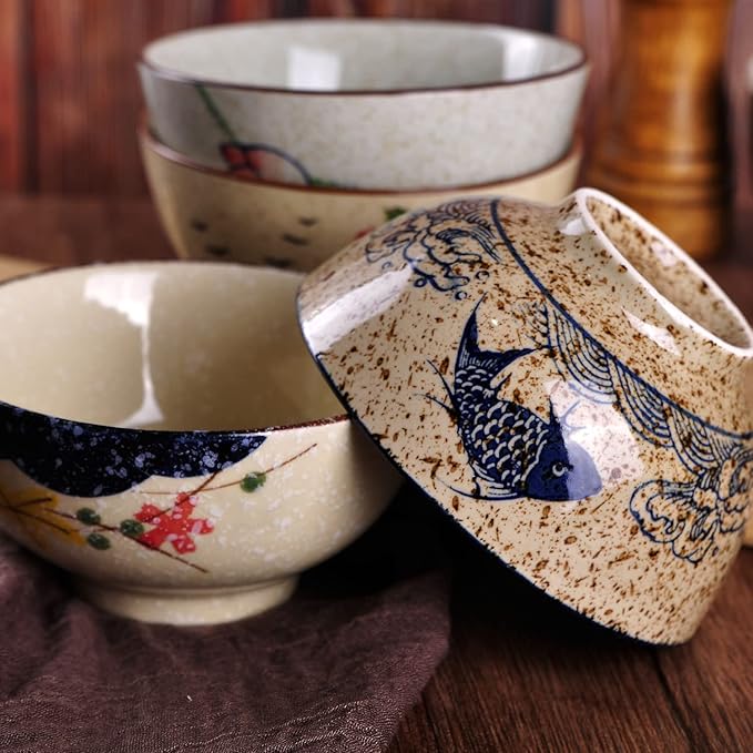 WHJY 4.5 inch Set in 4 Retro Chinese Japanese Creative Hand-painted Floral Cereal Ceramic Soup Rice Bowl