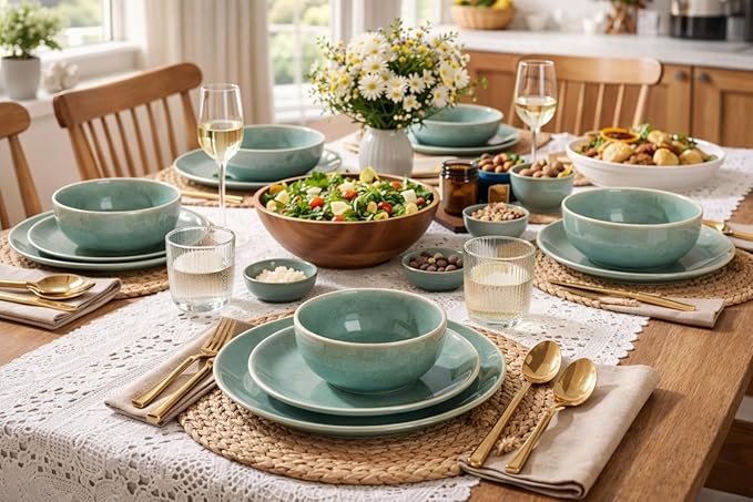 GBHOME Ceramic Dinnerware Sets for 6, 18 Pieces Stoneware Plates and Bowls Sets, Reactive Glaze Dishes -Scratch Resistant, Dishwasher&Microwave Safe-Malachite Green