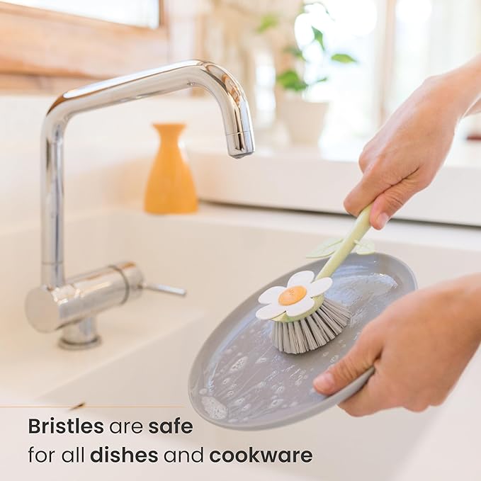Vigar Florganic Daisy-Shaped Dish Brush with Vase Dish Brush Holder, Dish Brush with Handle, for Pot Scrubber, Kitchen Dishes, and Sink Cleaning, Orange