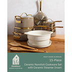 Bloomhouse - Two Time Oprah's Favorite Things Winner - 15 Piece Pots and Pans Heavy Duty Aluminum Premium PFA Free Ceramic Nonstick Dutch Oven Pot with Lid - Cappuccino Cream with Gold Handle