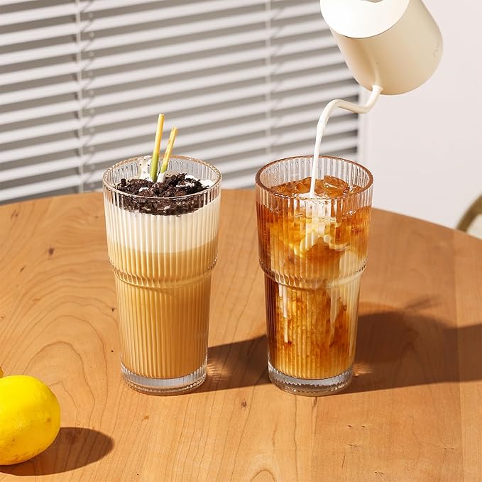 Ribbed Drinking Glasses with Lids & Straws, Leak-Proof 20oz and 15oz Glass Cups, 8PCS Glass Tumblers, Ideal for Home, Office, Outdoor Use