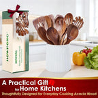 Wooden Cooking Utensils Set, Acacia Wood Wooden Spoons for Cooking with Thumb Rest, Ergonomic Curved Handle, Smooth Finish, Nonstick Safe, Gift Ready