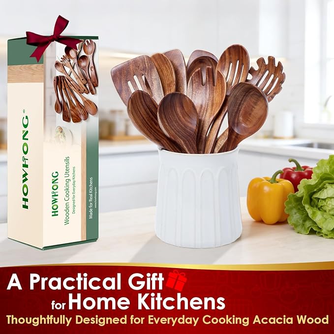 Wooden Cooking Utensils Set, Acacia Wood Wooden Spoons for Cooking with Thumb Rest, Ergonomic Curved Handle, Smooth Finish, Nonstick Safe, Gift Ready