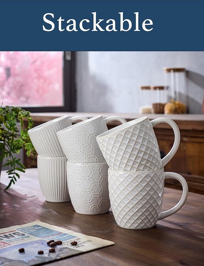 14 oz Embossed Ceramic Coffee Mugs - Set of 6, Artisan Textured Ceramic Coffee Mugs,Lead-Free Microwave & Dishwasher Safe,Coffee Cups for Wedding Housewarming Coffee Lovers