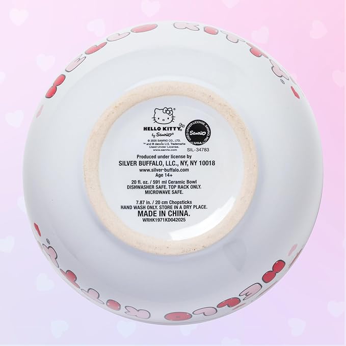 Silver Buffalo Sanrio Hello Kitty Apples and Hearts Doodles Ceramic Ramen Noodle Rice Bowl with Chopsticks, Microwave Safe, 20 Ounces