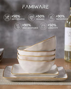 Famiware Ocean Square Plates and Bowls Set, 18 Pieces Dinnerware Sets, Dishes Set for 6, Microwave and Dishwasher Safe, Scratch Resistant, Cappuccino White