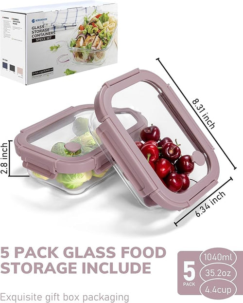 5-Pack Borosilicate Glass Containers with Tempered Lids, 35.2oz/4.4 Cup Airtight Meal Prep Set, Microwave/Freezer Safe (Pink)