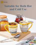 Yeacccng Bohemian Coffee Mugs Set of 6, 15 Oz Ceramic Latte Cappuccino Cups with Yellow Handle, Non-Slip Grip Sturdy Base, Dishwasher Microwave Oven Safe, Scratch-Resistant Boho Tea Mugs