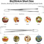 U-Taste 8" Kitchen Plating Tweezer Set: 18/8 Stainless Steel Food-Grade Metal Food Tong, Seamless-Welding, Flexible Pinching and Non-Slip for Serving, Decorating, Cooking, Baking (Round & Pointed Tip)