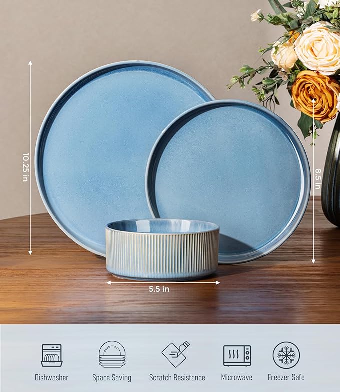 GBHOME 12-Piece Stoneware Dinnerware Set for 4 – Ribbed Ceramic Plates and Bowls, Scratch-Resistant, Microwave & Dishwasher Safe, Reactive Glaze, Alaskan Blue