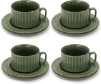 DOWAN Cappuccino Cup Set of 4, 8 OZ Ceramic Coffee Cups with Saucers, Coffee Mugs, Ribbed Espresso & Latte Cups Set, Elegant Stoneware for Home & Café Use