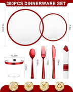 BESTVIP 350PCS Disposable Clear Red Dinnerware Sets for 50 Guests, Plastic Plates for Party, 100 Plastic Plates, 50 Cups, 50 Pre-Rolled Napkins with Cutlery for Parties, Christmas, Wedding