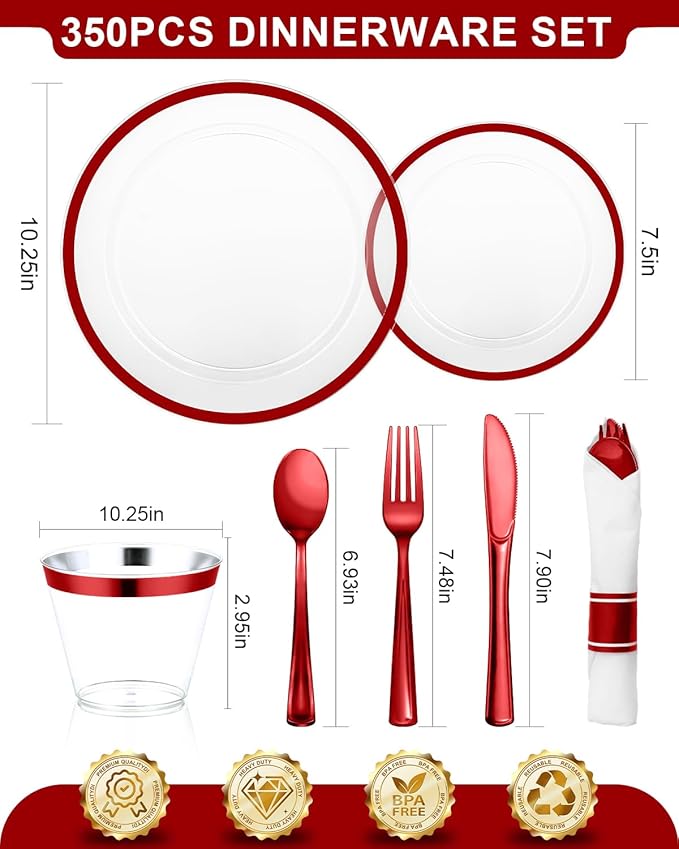 BESTVIP 350PCS Disposable Clear Red Dinnerware Sets for 50 Guests, Plastic Plates for Party, 100 Plastic Plates, 50 Cups, 50 Pre-Rolled Napkins with Cutlery for Parties, Christmas, Wedding