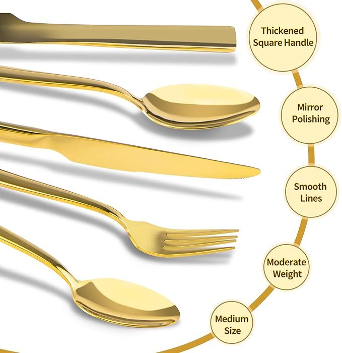 Gold Silverware Set, Briout 40 Piece Stainless Steel Flatware Cutlery Set Service for 8 Luxury Square Tableware Thick Knife Fork Spoon for Home Kitchen Restaurant Wedding, Mirror Polished