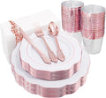 NOCCUR 175PCS Rose Gold Plastic Plates with Disposable Silverware - Include 25Dinner Plates, 25Dessert Plates, 25Forks, 25Knives, 25Spoons, 25Cups, 25Napkins for Party/Mother's Day