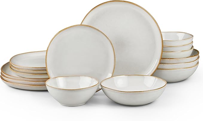 HaWare Plates and Bowls Set, Stoneware Dinnerware Sets, 16-Piece Hand-painted Dishware for 4, Ceramic Dish Set for Home Kitchen, Scratch Resistant, Microwave and Dishwasher Safe, Reactive Pearl White