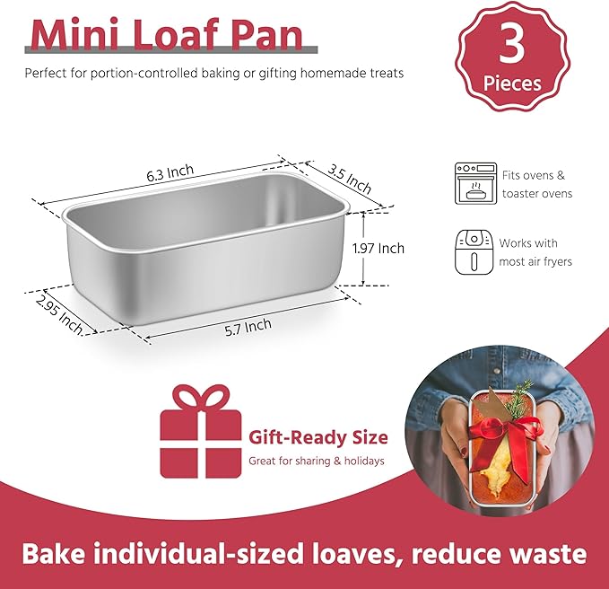 E-far Mini Loaf Pan Set of 3, Small Stainless Steel Bread Baking Pans for Oven, 6.3 x 3.5 Inch Tiny Meatloaf Pans for Homemade Bread Pound Cake Brownies, Non-toxic & Dishwasher Safe